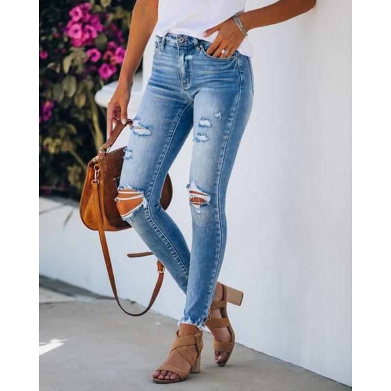 Ripped Slim-fit Washed Torn Pants Women's Jeans Trousers