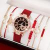6-Piece Women's Quartz Watch Set: Diamond-Set Dial, Leather Strap, Beaded Bracelets
