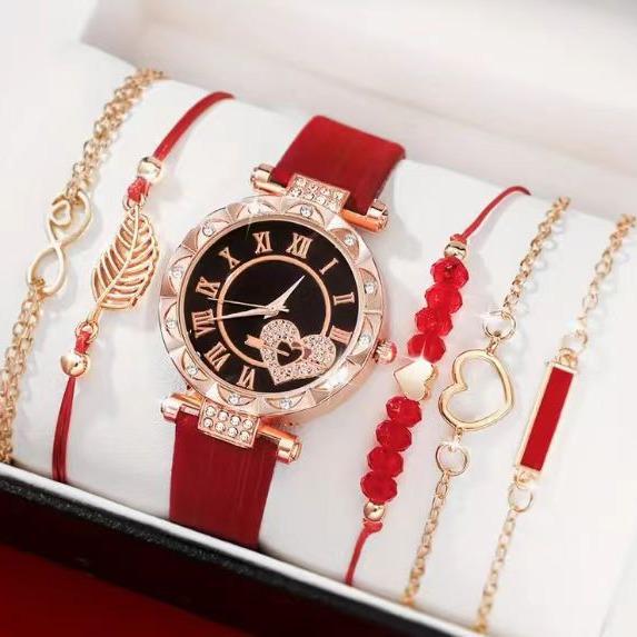 6-Piece Women's Quartz Watch Set: Diamond-Set Dial, Leather Strap, Beaded Bracelets