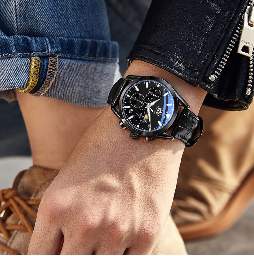 Men's Business Watch with Leather Band, Stylish Waterproof Watch with Calendar Display and Luminous Function, Perfect Gift for Men (Black 2)