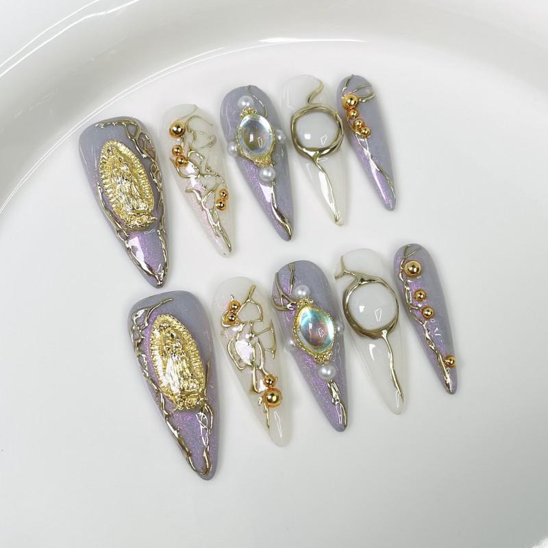 3D Embossed Luxury Palace Style Press-On Nails Long Pointed Sweet Edgy Acrylic Nail Tips Women
