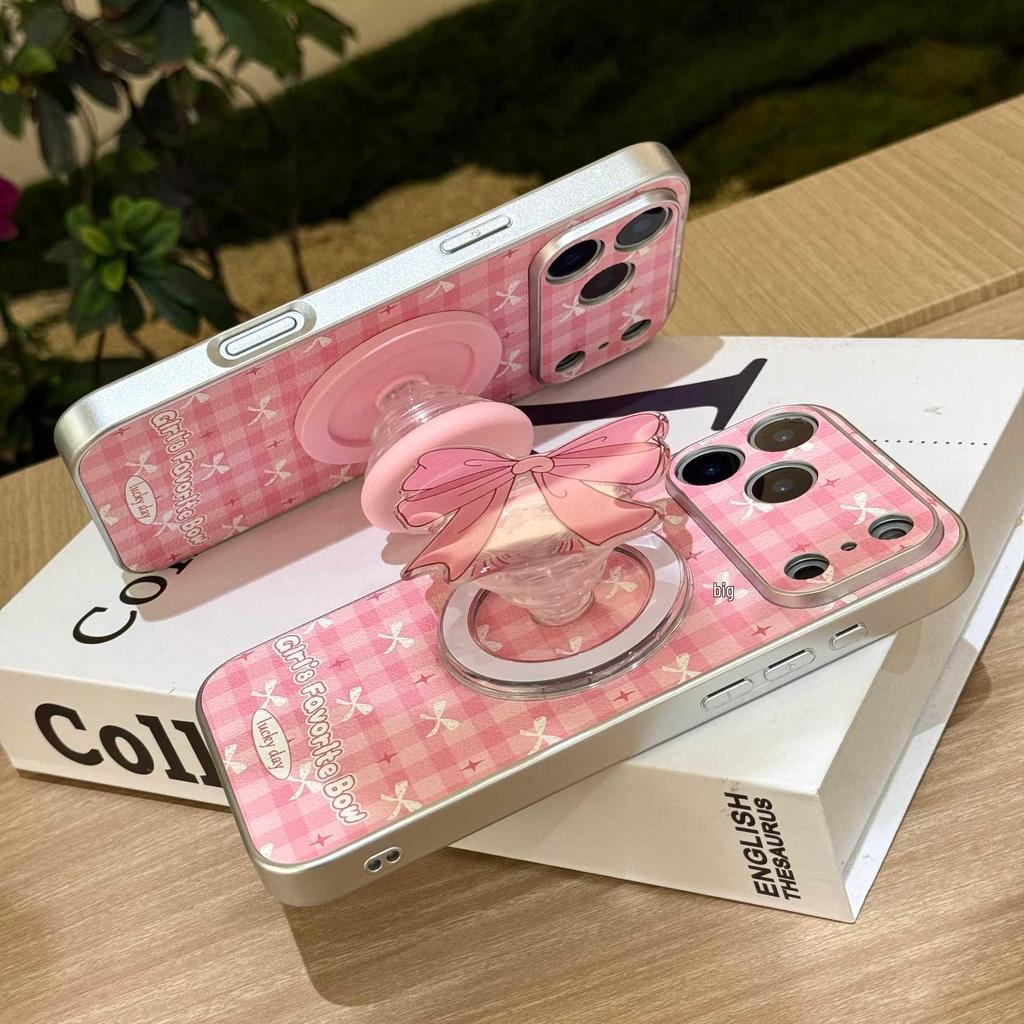 Pink Plaid Bow Magnetic Stand iPhone Case for Models 14, 15 Pro Max, 16, and Apple 17