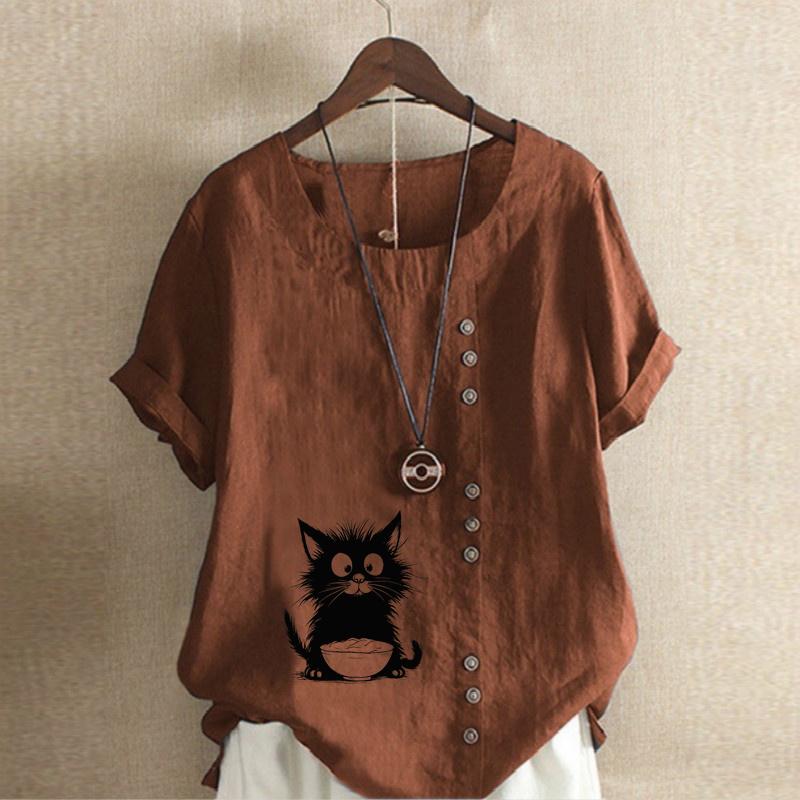 Women's Fashion Black Cat Prined Short Sleeve T-shirt Loose Cotton Shirt Casual Loose Summer Blouse Plus Size Tops