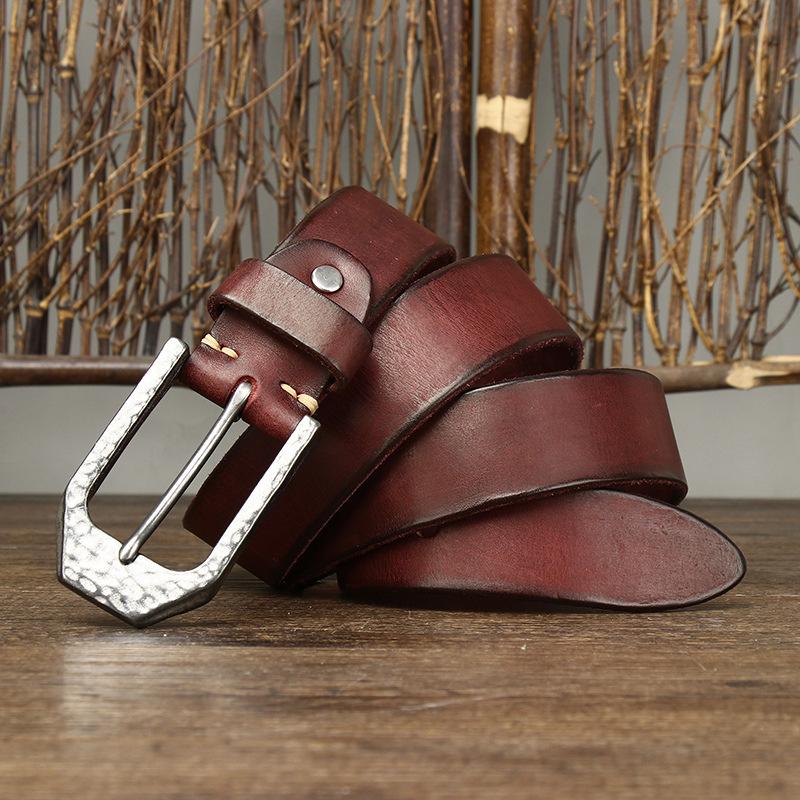 

Мужской ремень из натуральной кожи с пуговицей из нержавеющей стали с узором «молоток» в стиле ретро, универсальный джинсовый ремень из натуральной кожи первого слоя 130cm