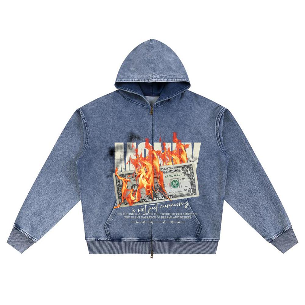 DTG print Knitted Denim Zip-Up Hoodie Money Power Brother Print Zipper Hoodies