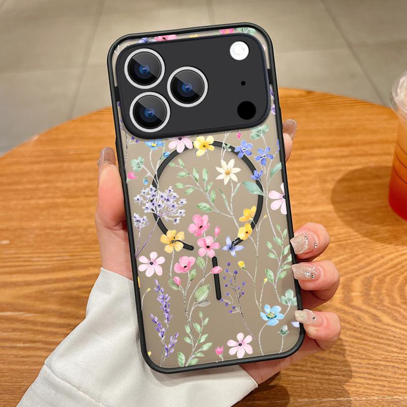 Translucent Matte Magnetic Case For iPhone 17 16 15 Pro 14 13 Pro Max 16e 17e For Magsafe Pink Flower Print Hard PC Back Cover