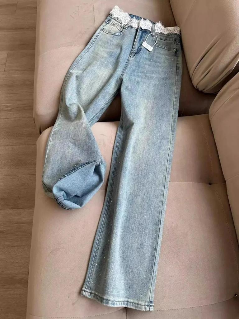 Women's High Waist Rhinestone Jeans - Wide Leg, Loose Fit, Floor Length, Summer Style