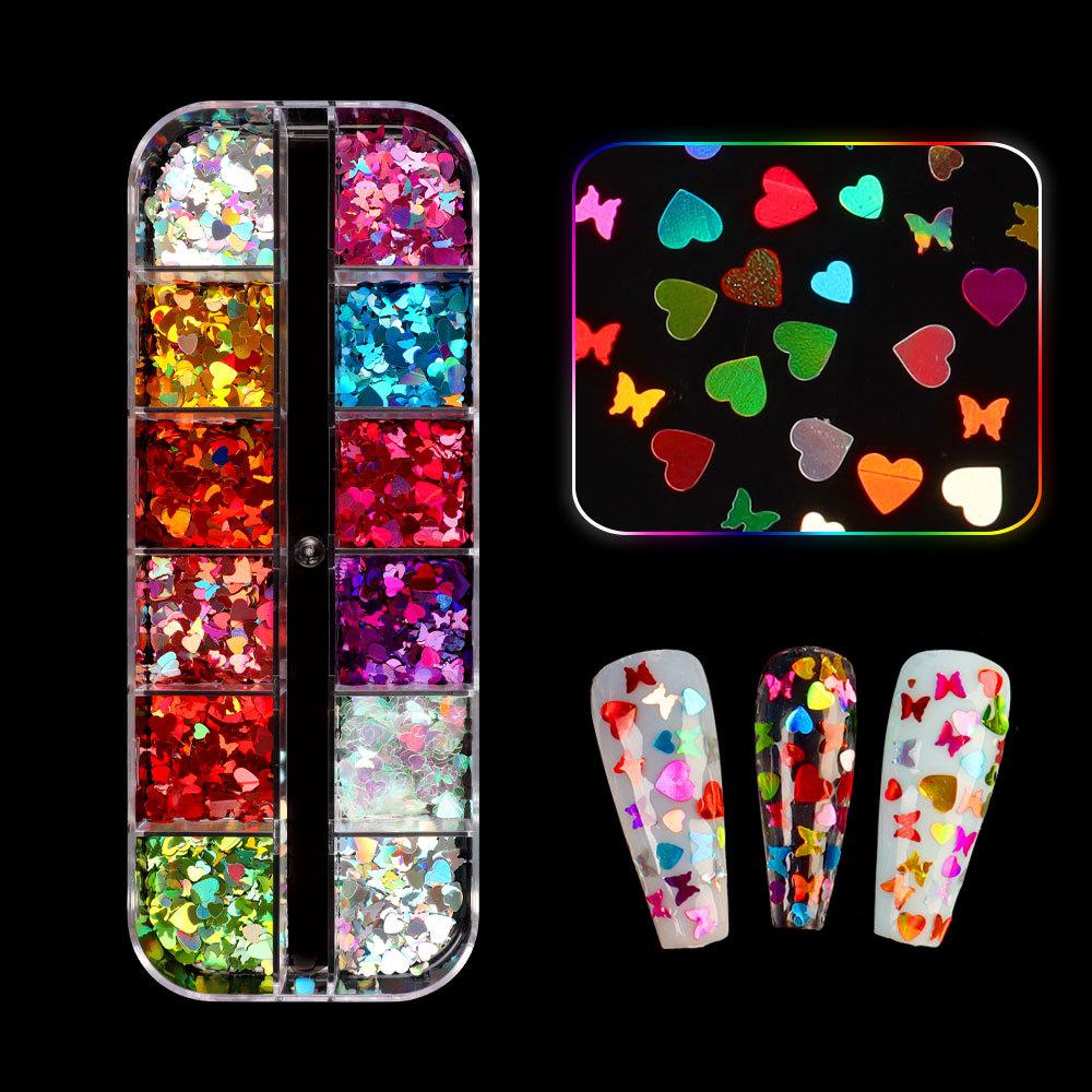 Nagelglitzer-Pailletten, 12 Gitter/Box, Zellstoff, unregelmäßige Flocken, Nagelglitzer, glänzender Laser, mehrfarbig, Nagelkunst-Dekoration