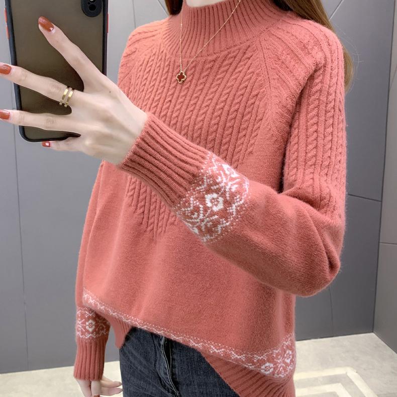Autumn Winter Women's Half Turtleneck Sweater Loose Thick Pullover Knitted Top Jacquard Elastic Knitted Top Jumper.