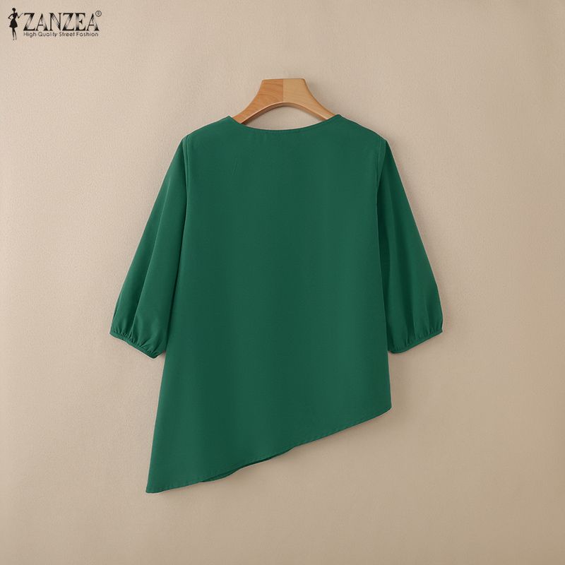 ZANZEA Women Casual Round Neck 3/4 Sleeve Loose Irregular Blouse