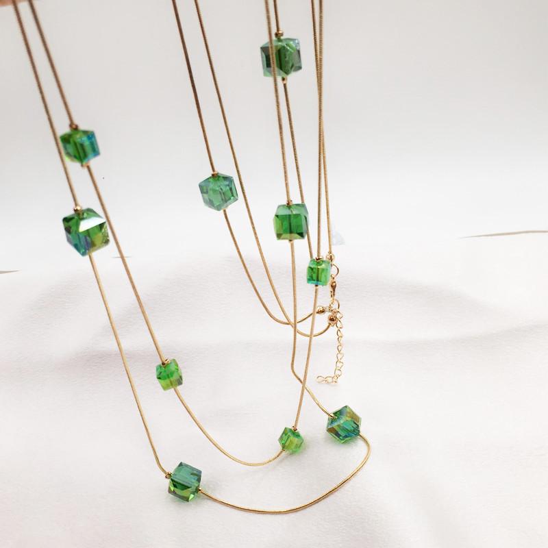 1PC Korean Style Fashion Double Layered Square Crystal Necklace Long Decorative Necklace Accessories Women's Personalized Accessories