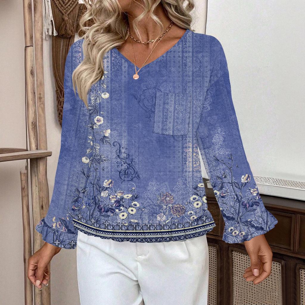 Dámský ležérní módní top s volánky, výstřihem do V, potiskem a dlouhým rukávem