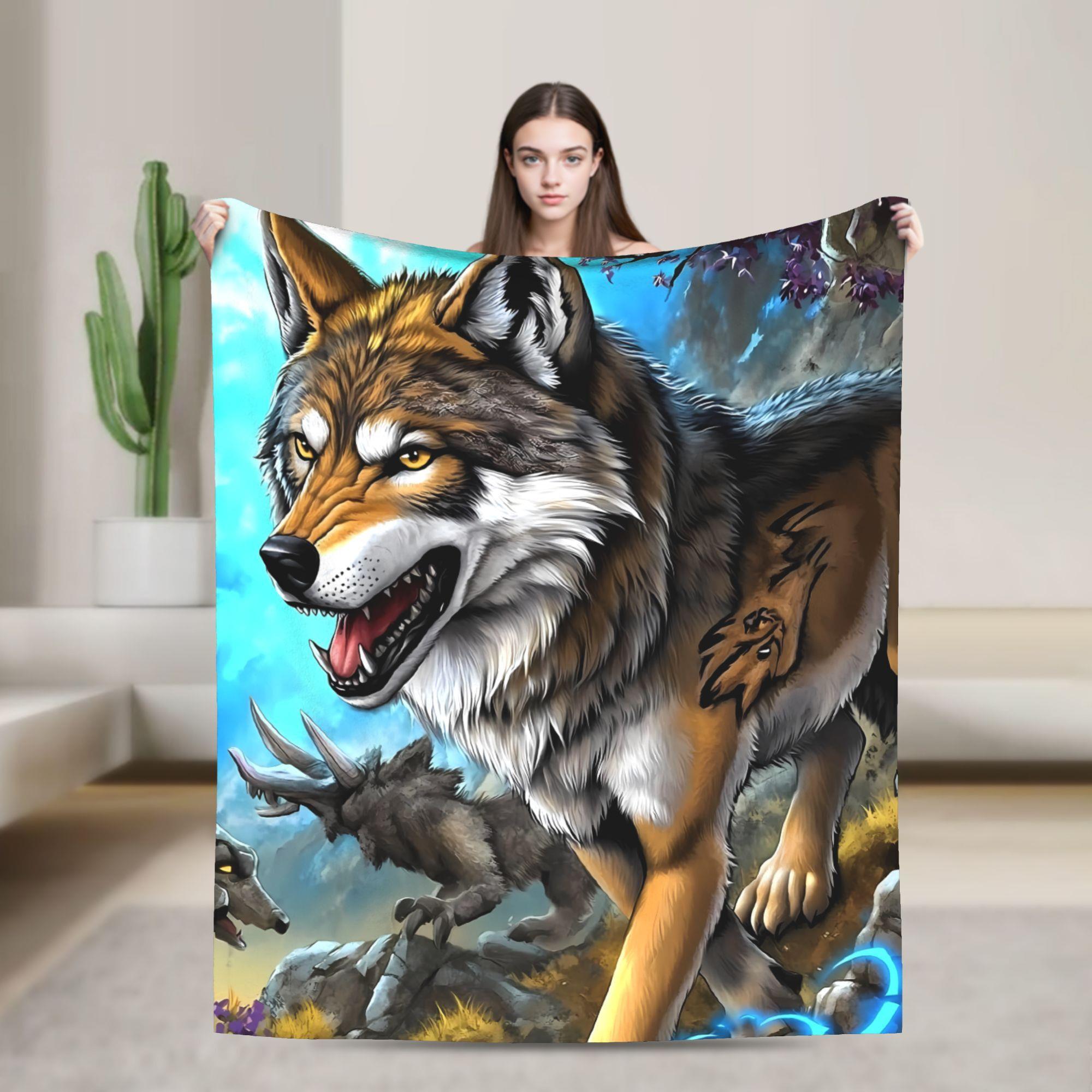 1pc Ancient Wolf Throw Blanket - Ultra-Soft Flannel Bedspread with Wolf Pack Design,All-Season Couch,Bed,Camping Blanket 130x150cm51x59in