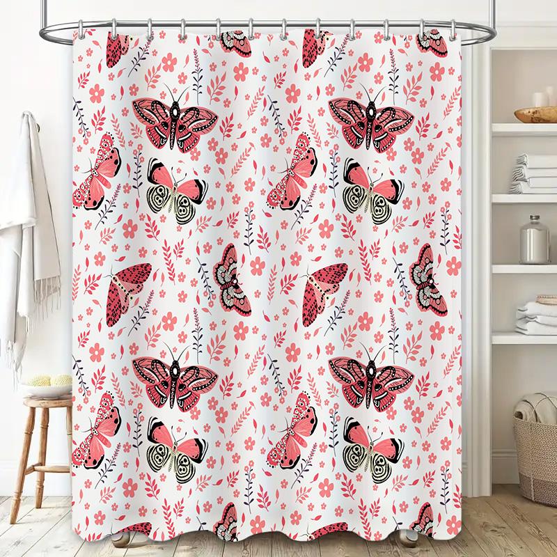 Vibrant Butterfly Pattern Shower Curtain For Bathroom Decor Pink Floral Design Fabric Waterproof Home Decoration