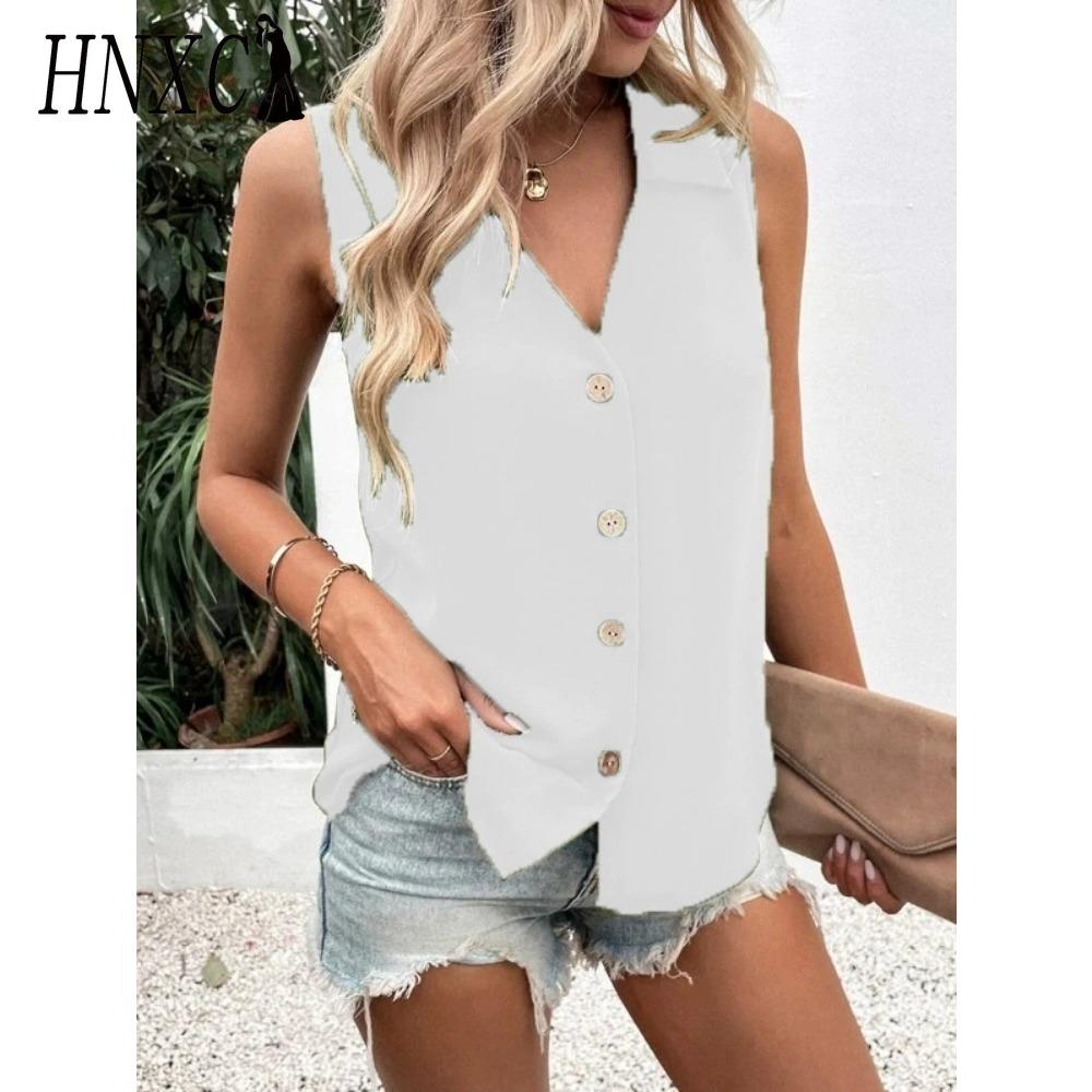 HNXC Dame Mote Casual Ensfarget Trykk Ermeløs V-hals Bluser & Skjorter