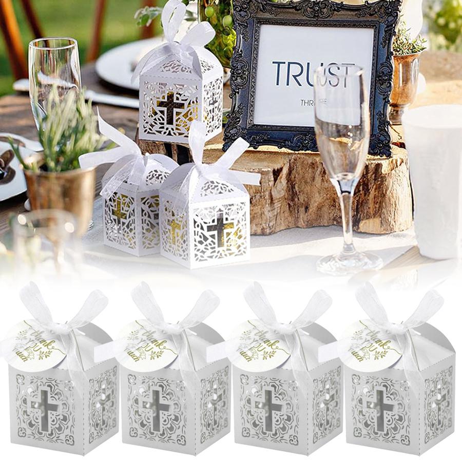 6-24pcs Elegant White Hollow Cross Gift Box Laser-Cut Wedding Candy Box Wedding Baptism Favors Gift Box Decoration Baptism Gifts
