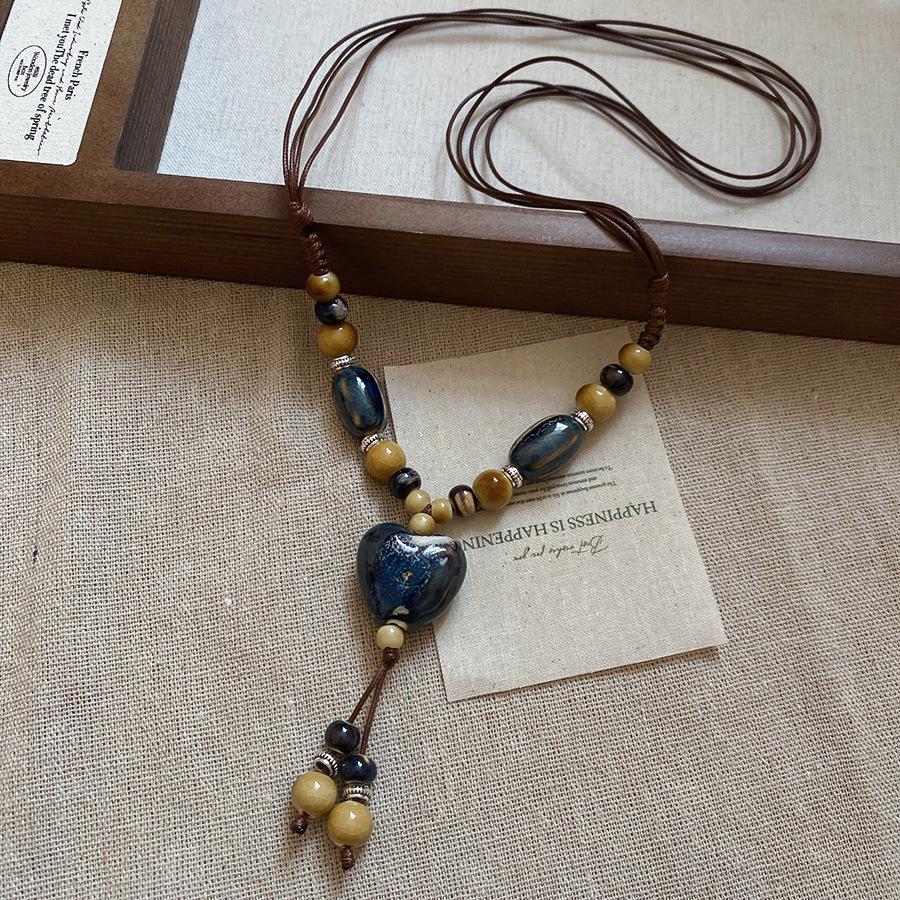 Vintage Bohemian Ethnic Ceramic Bead Pendant Necklace