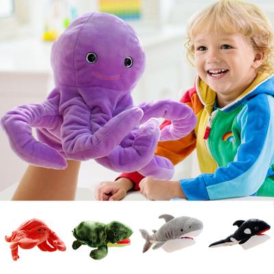 Boneco de pelúcia de animal marinho, boca móvel, tubarão, baleia, tartaruga, polvo, caranguejo, fantoche de mão, dramatização, boneca de faz de conta, adereço para contar histórias, presentes para crianças