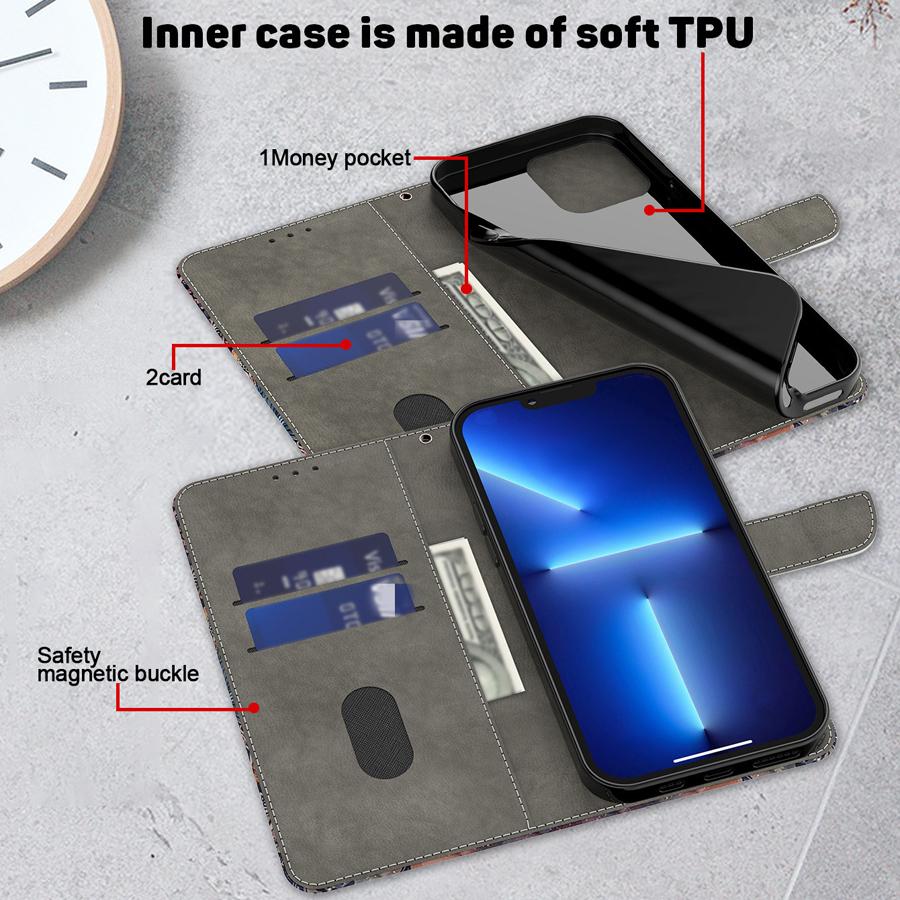 Brieftaschen-Hülle mit Kartenhalter, florales PU-Leder, Ständer, Handgelenkschlaufe, stoßfeste Abdeckung für Samsung Galaxy S24, S23, S22, S21, S20 Plus Ultra A71, A51