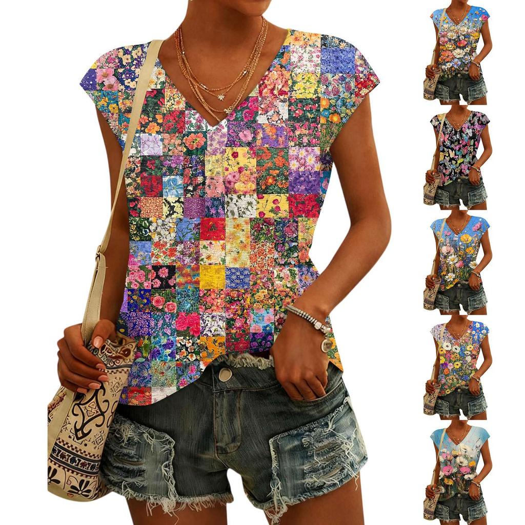 Women's Fashion V-neck Vintage Floral Print Short Sleeve Top