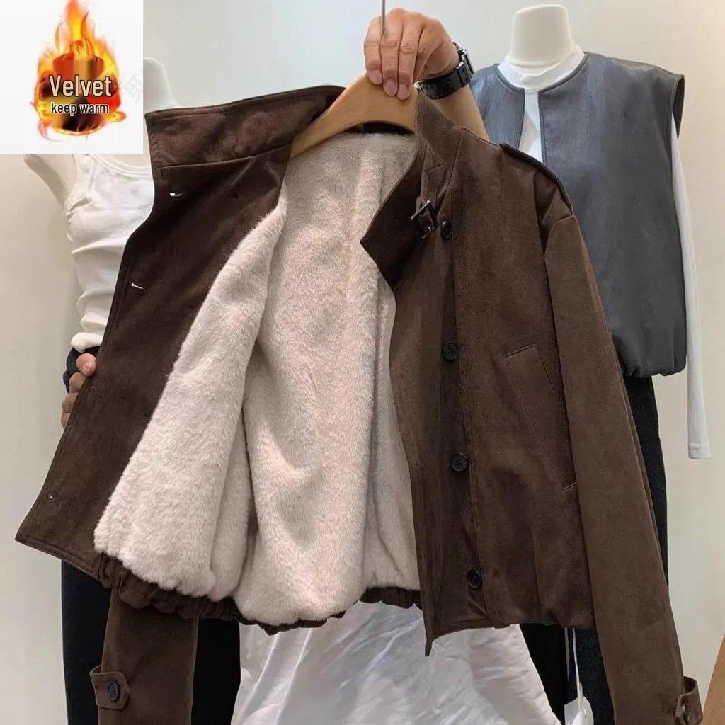 Giacca da Donna Taglie Forti in Doppiopetto di Finta Pelle Scamosciata con Collo Rialzato, Caldo Cappotto Corto Inverno 2025