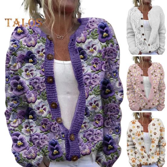Dámský svetr Cardigan s kulatým výstřihem, dlouhým rukávem, 3D květinovým vzorem, zapínání na knoflíky, pletená bunda, zesílená teplá podzimní zimní top