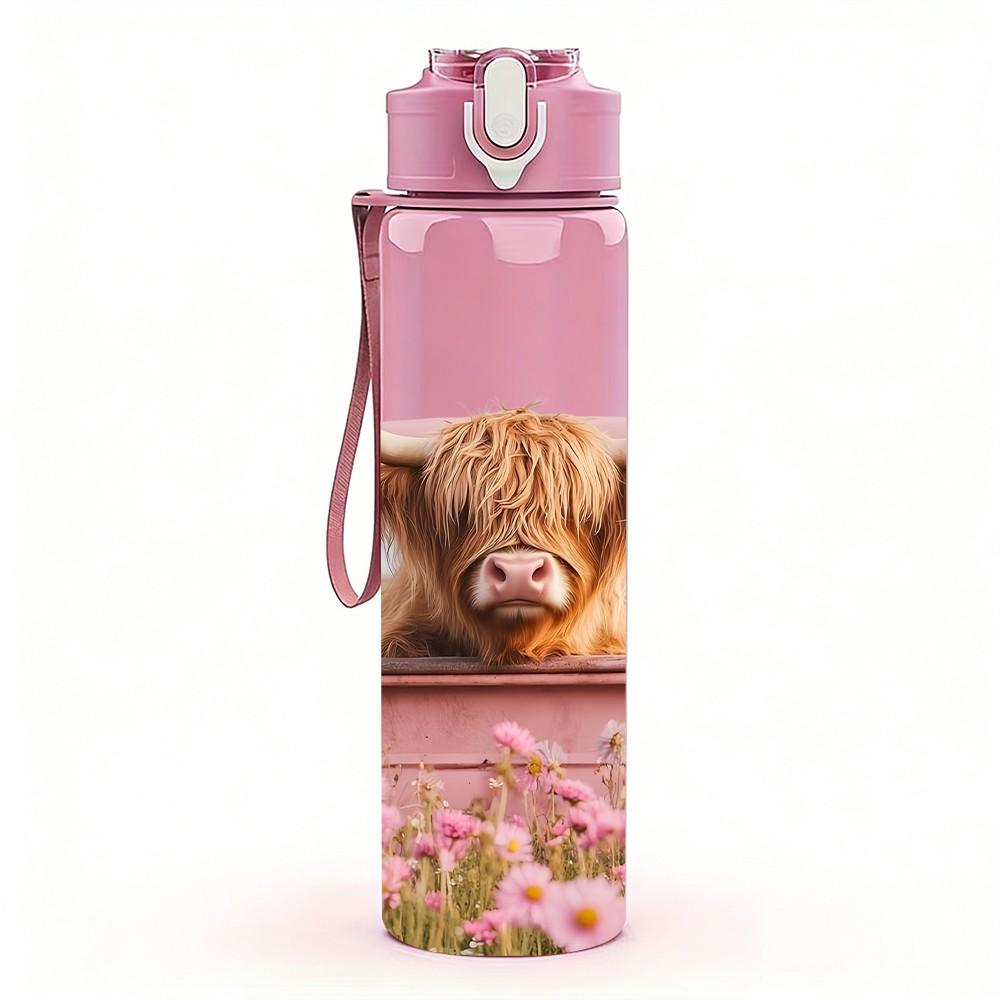 1PC Highland Cow Pink Retro Pickup Truck Art 750ml Color Plastic Sports Water Bottle Leakproof Flip Straw Lid Suitable for Sports Office Home Use
