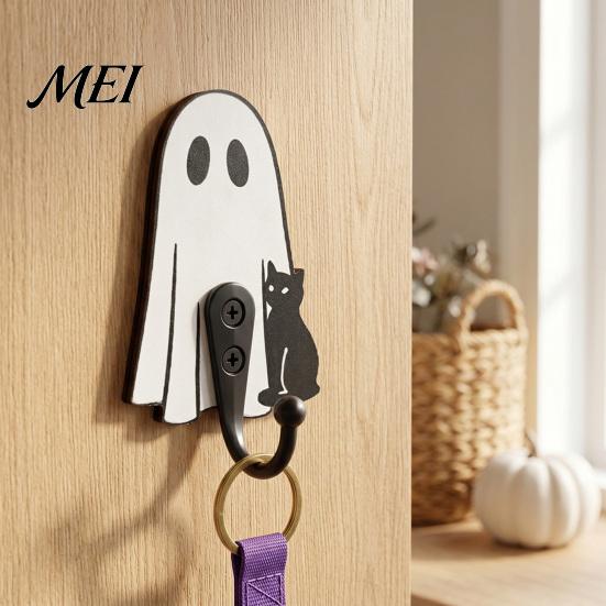 Kids Room Wall Hooks Halloween Ghost Cat Wooden Hanging Hook for Keys Hats, Decorative Black Entryway Organizer Hanger, Cute Home Living Bedroom