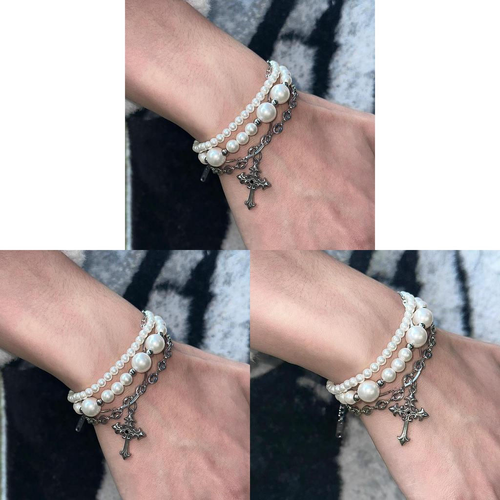 Wielowarstwowa Bransoletka Stackable z Krzyżem i Perłami Dla Mężczyzn i Kobiet Ze Stopu Metalu i Galwanizowana W Stylu Punk