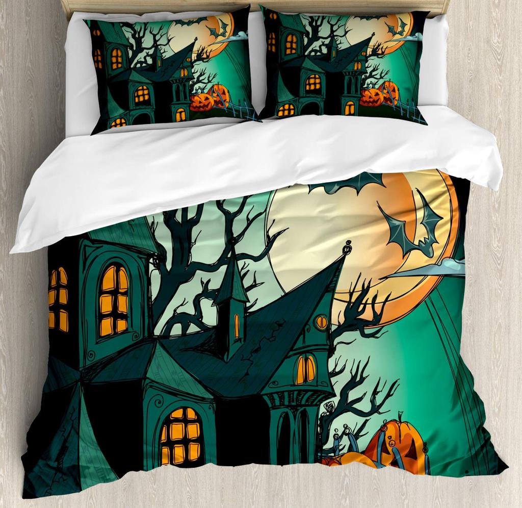 Halloween Duvet Cover Set, Spooky Carved Halloween Pumpkin Lantern Bat Bedding Set Single Twin Full Queen King Comforter Cover