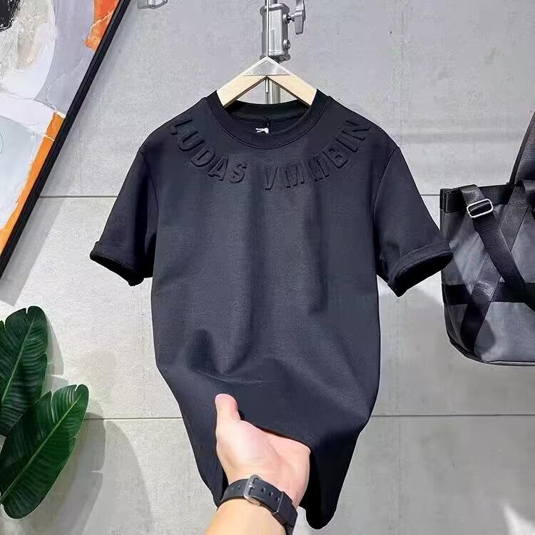 

Мужская футболка с круглым вырезом 2025: Штампованные буквы, Универсальные рукава три четверти, Модный повседневный топ L чёрный