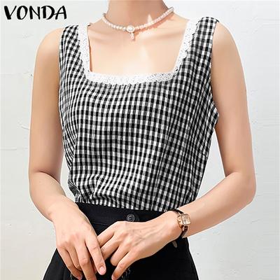 Summer Women Square Collar Sleeveless Plaid Print Lace Hem Casual Tank Tops