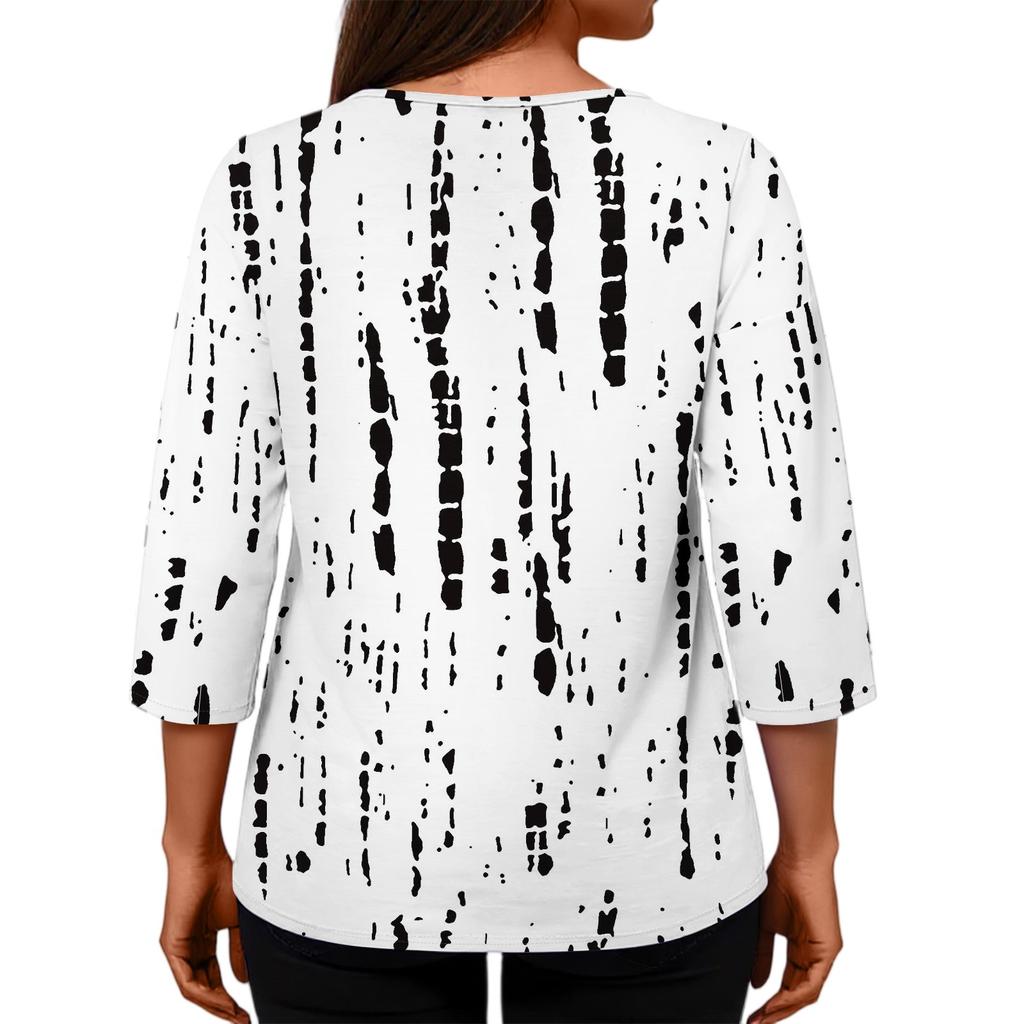 Dámská móda Ležérní tříčtvrteční rukáv Volný kulatý výstřih Knoflík Květinový potisk Top