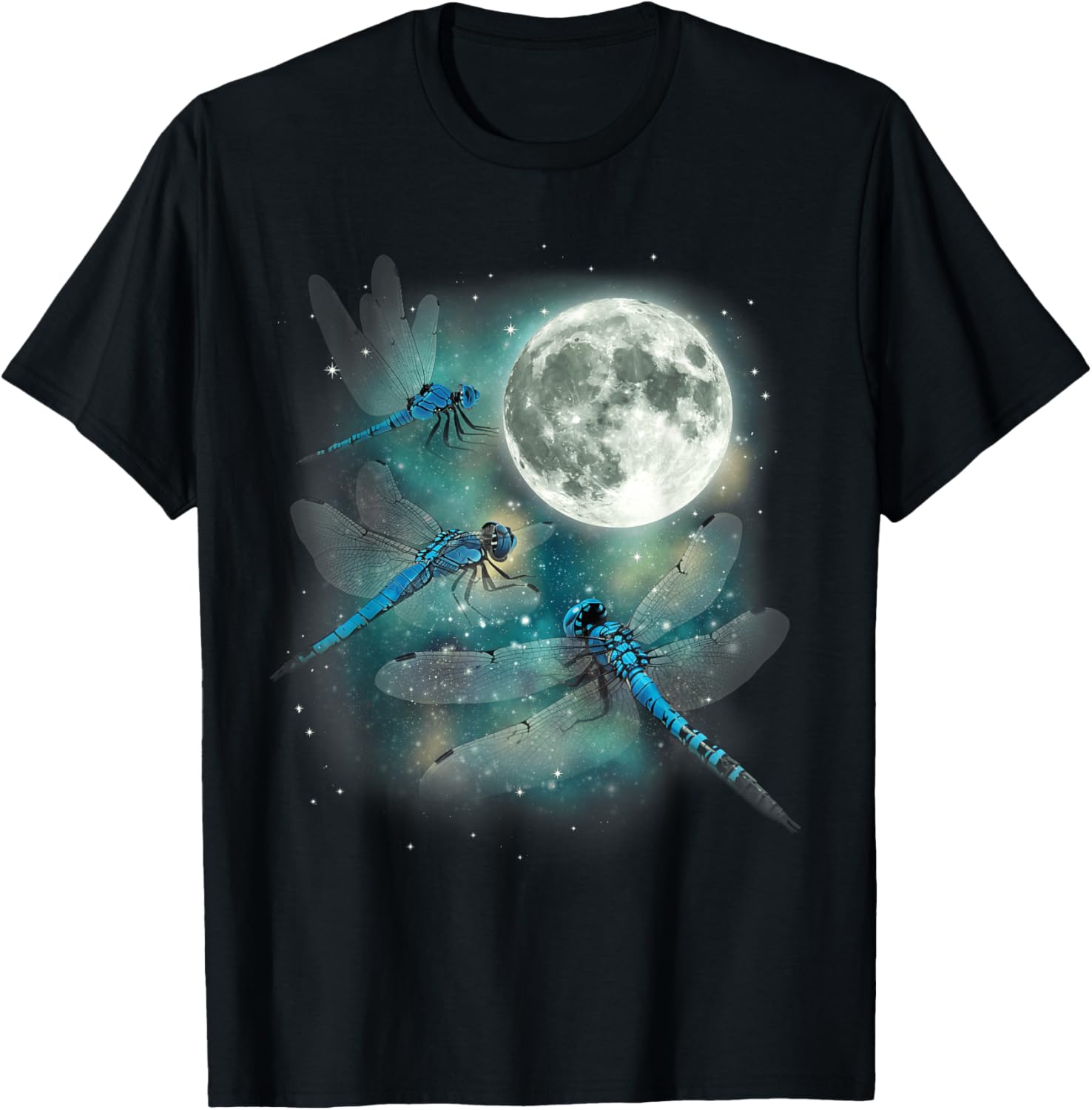 Blue Dragonfly Moon Night Sky Print Cotton Graphic Tee Shirt Casual Men s Top 4XL