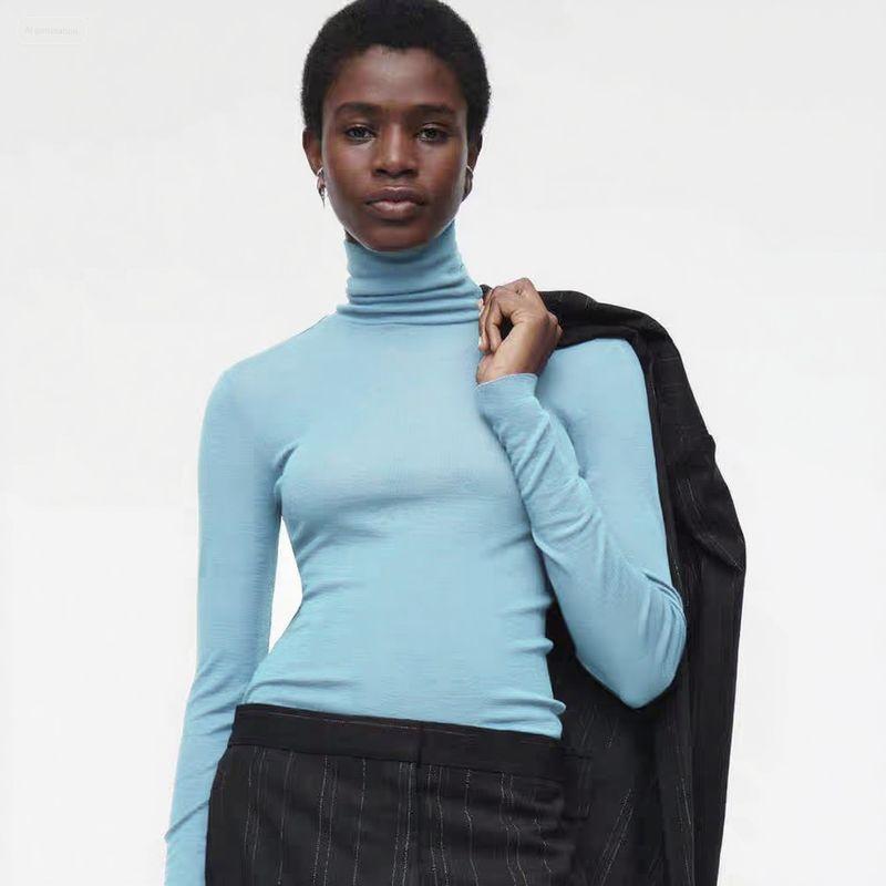 

Mernu Wool Blend Sweater Turtleneck Regular Sky Blue Slim fit Slimming Angora Knit Bottoming Shirt Sky Blue L