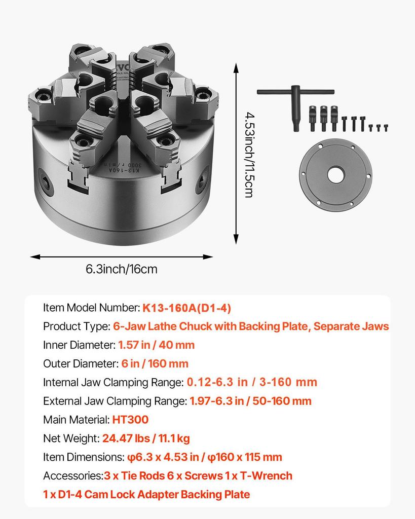 VEVOR 6-Jaw Lathe Chuck, 6 Inch (160 Mm), Self-Centering Chuck with D1-4 Cam Lock Backing Plate