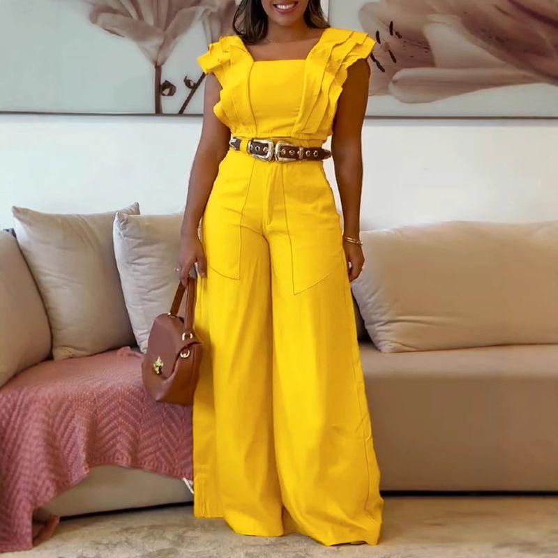 

Wide Leg Jumpsuit Yellow Small Flying Sleeve Waist Hugging Top Set High Waist A Word Wide Leg Jumpsuit Yellow XL