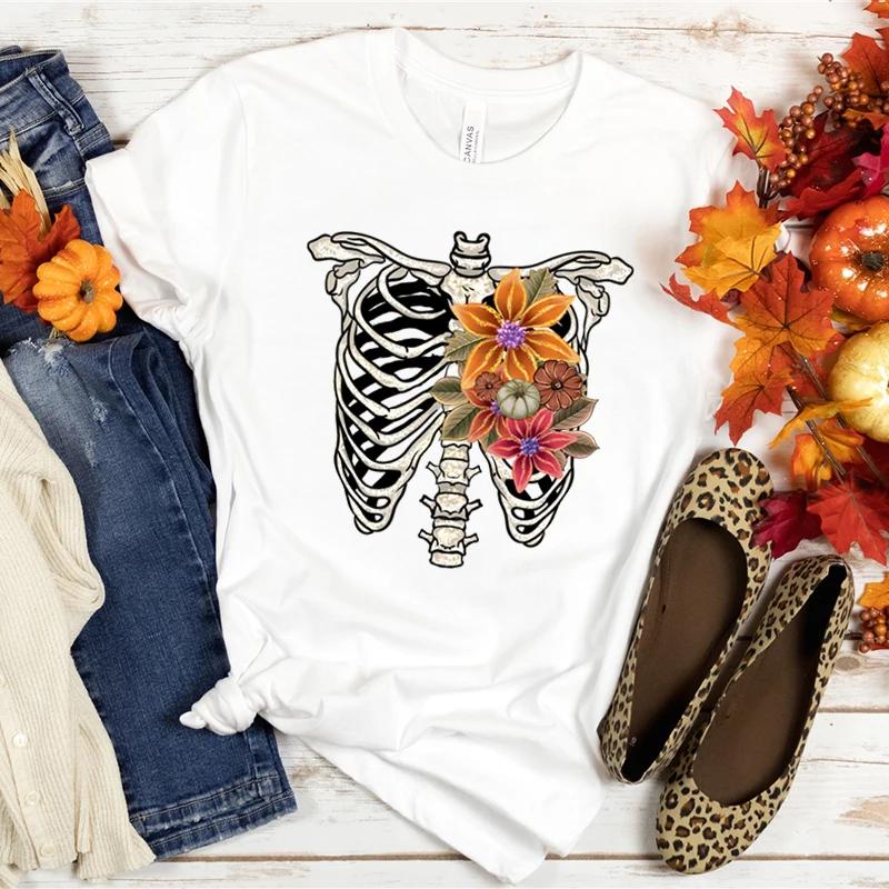 Halloween Women Tshirts Grow Through Flower Spine Skeleton Graphic Tee Vintage Floral Skeleton Spine Printed Halloween Tshirt M
