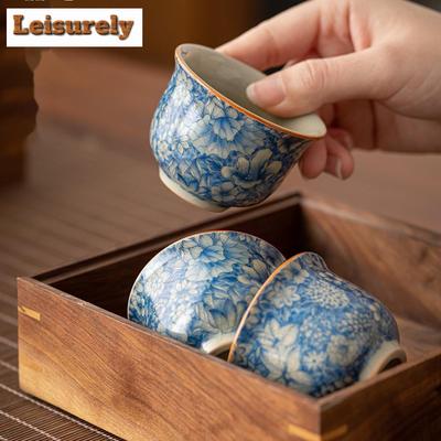 1 Stück chinesische blau-weiße Keramik-Teetasse, Anti-Skalierung, handgefertigte Blumen, Porzellan-Teeschale, Reise-Meditationstasse, Tee-Set, 70 ml