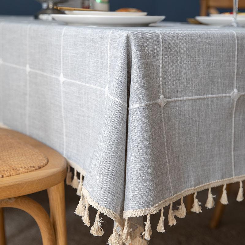 Linen Cotton Embroidery Lattice Tablecloth,Rectangular Dustproof Tassels Table Cover,for Kitchen Dinning Coffee Table Decoration