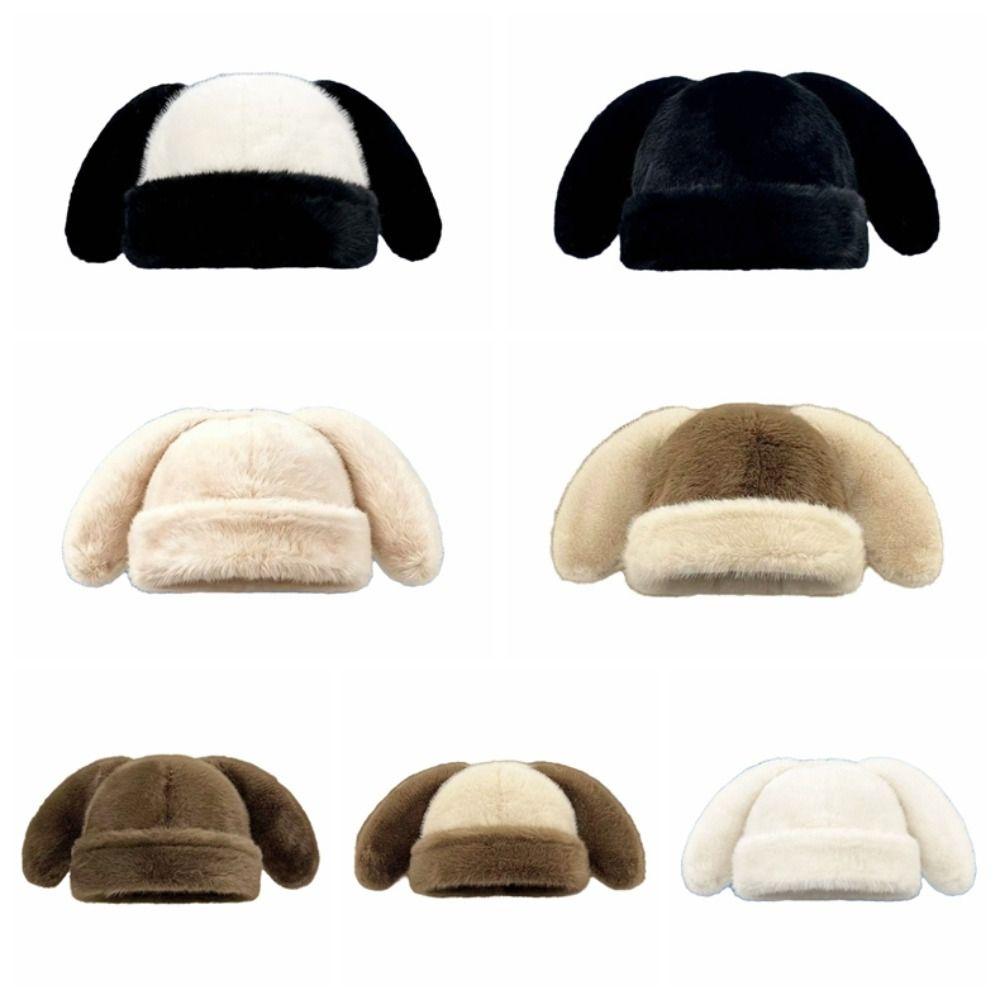 Coldproof Rabbit Ears Beanies Solid Color Ear Protection Hat Funny Plush Pullover Cap Women