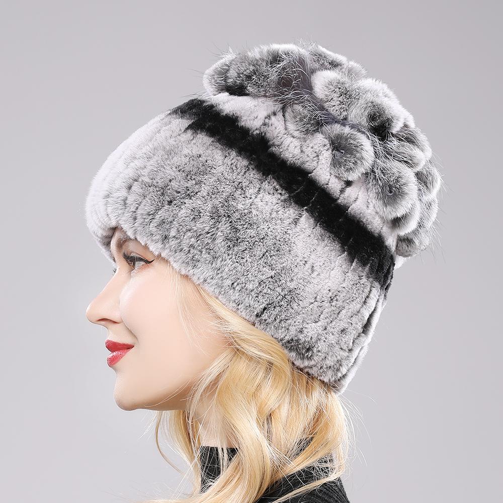 Căciulă Pufoasă de Iarnă din Blană Naturală Blană Naturală de Iepure Rex Căciulă Caldă Tricotată pentru Doamne Căciuli 100% din Blană Autentică