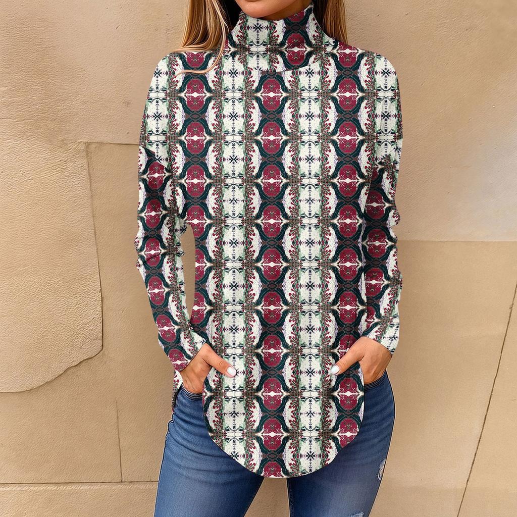Tee Shirts For Women Fall Casual Long Sleeve Shirts Sweatshirt Vintage Printed High Neck Top Pullover
