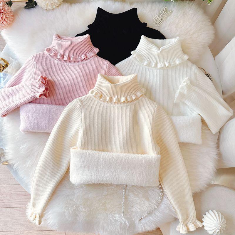 Pull pour filles à col montant et col en dentelle Hiver Une pièce Velours Pull pour enfants de couleur unie avec pull en velours épais