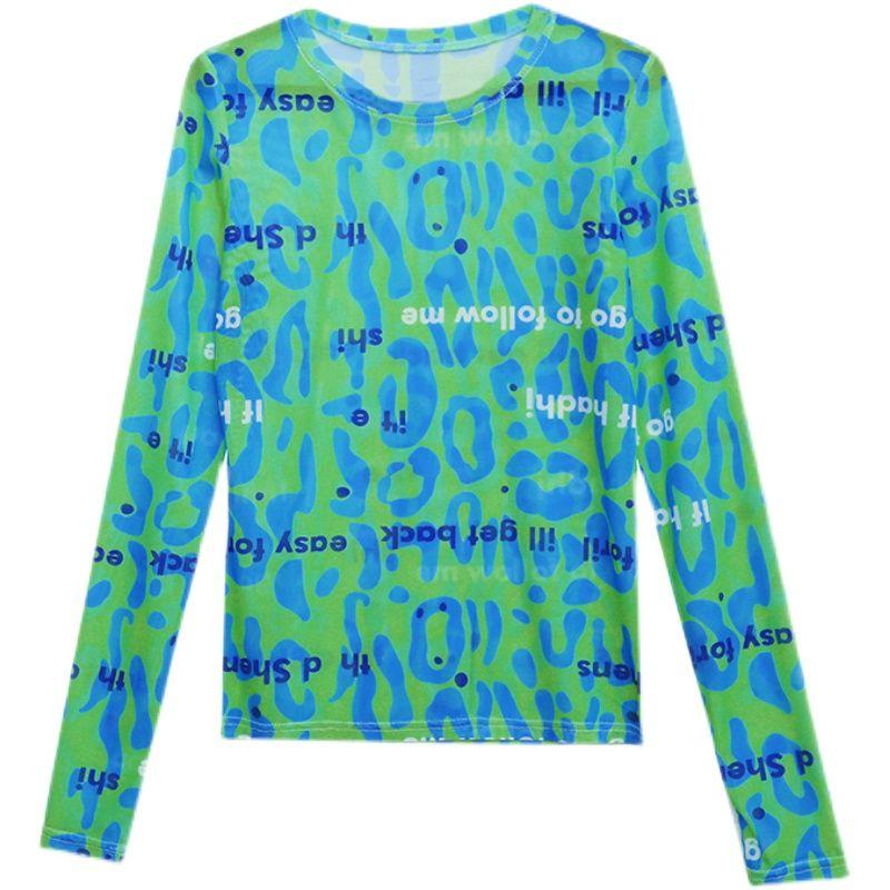 Letnia koszulka z cienkim siatkowym dołem i nadrukiem T-shirt damski z długim rękawem i dużym topem