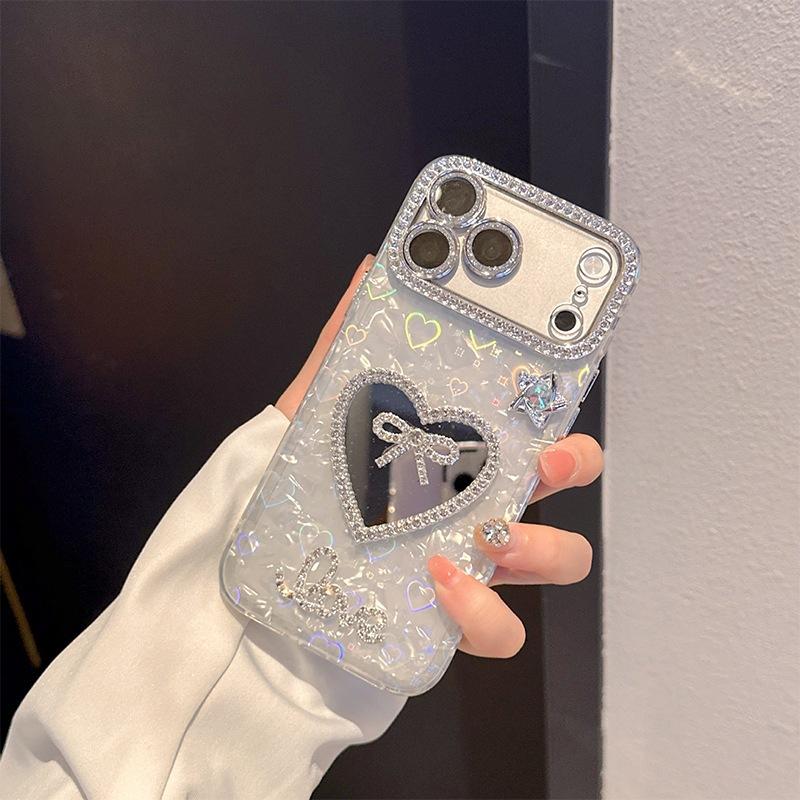 Bow tie rhinestone heart mirror mobile phone case for Iphone17 colorful shell pattern Apple 16 pearl hand chain
