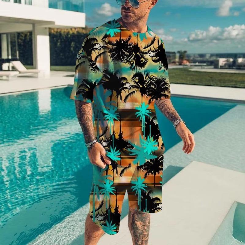 Men's Hawaiian Full Print Suit Casual T-shirt Beach Pants Suit Daily Stylish Men Short-sleeve Top New Mens Tees Short Two Set