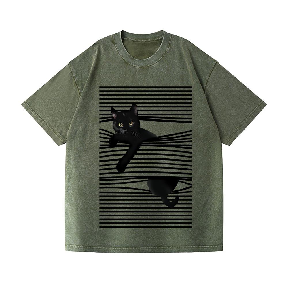 Fashion Black Cat Line Art Vintage Wash T-Shirt Japanese Style Holiday Unisex Funny Dropped Shoulder Sports Tees Casual