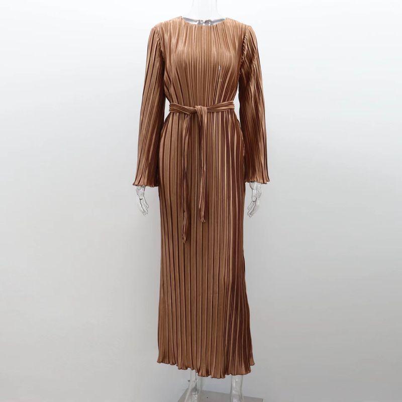 

Fashion Wind Fashion Pure Color round-Neck Flared Sleeves Pleated Dress Flare Sleeve Pleated Dress Brown L