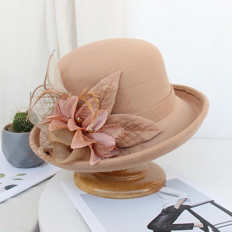 Autumn And Winter Curled Feather Flower Woolen Top Hat Women'S British Retro Casual Bucket Hat Mesh Basin Hat Tide